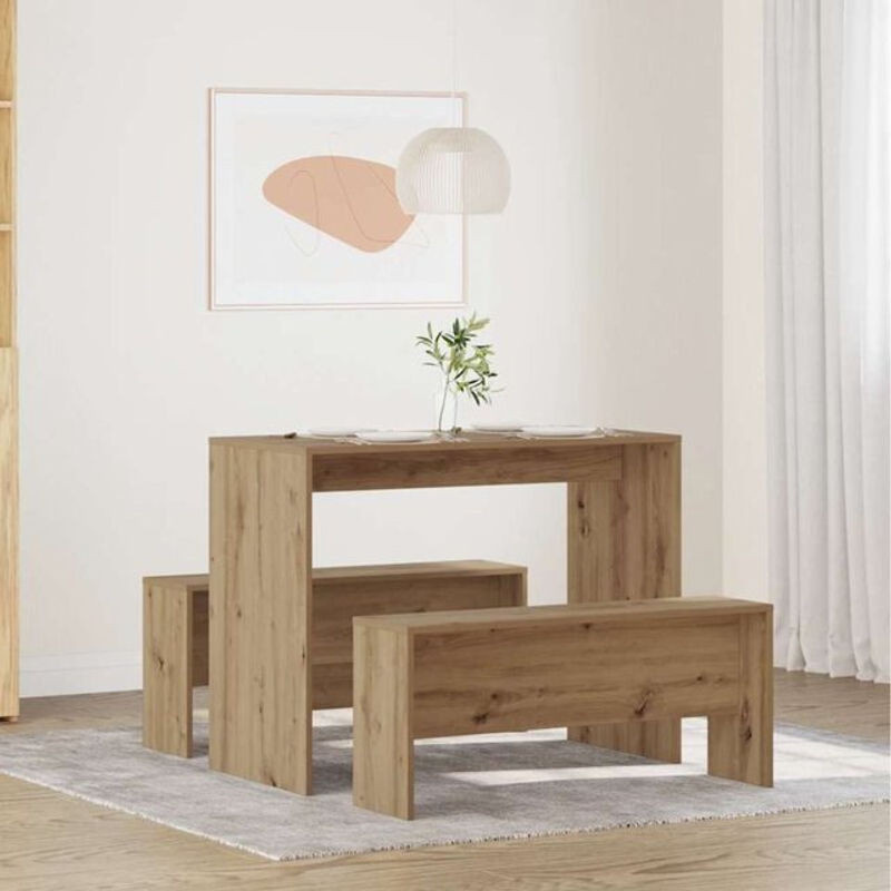 Vidaxl Essgruppe aus Holzwerkstoff in Eiche Natur und Braun, minimalistisches 3-teiliges Esstisch und Bank Set - Bild 1
