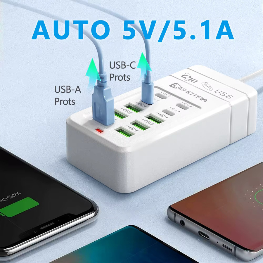 Lehotpia USB-Ladegerät Netzteil mit 1,2 m Verlängerungskabel, 6 USB-A und 4 USB-C Anschlüsse, Weiß, Kompatibel mit EU UK US Steckern - Bild 2