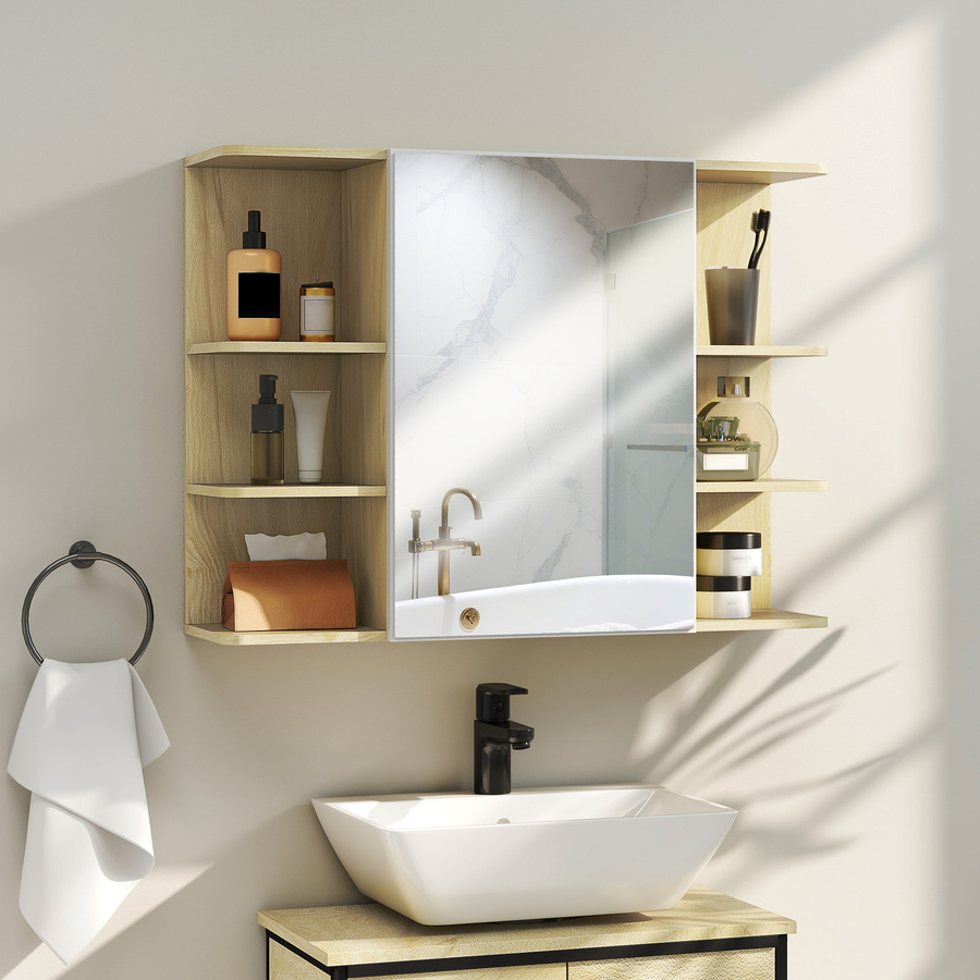 HOMCOM Spiegelschrank Badezimmer mit offenen Regalen in Naturholzoptik, B/H/T: 80 x 59 x 20 cm - Bild 2