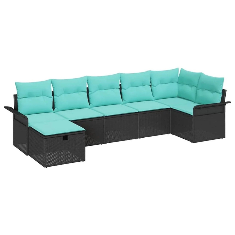 vidaXL Gartensofa-Set aus Poly-Rattan in Schwarz-Türkis mit 7 Kissen und L-Form - Bild 2