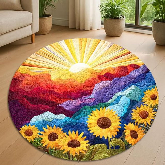 Runder Teppich Lodestar Sonnenblume mit Sonnenaufgang Motiv in Multicolour, Durchmesser: 80 cm - Bild 1