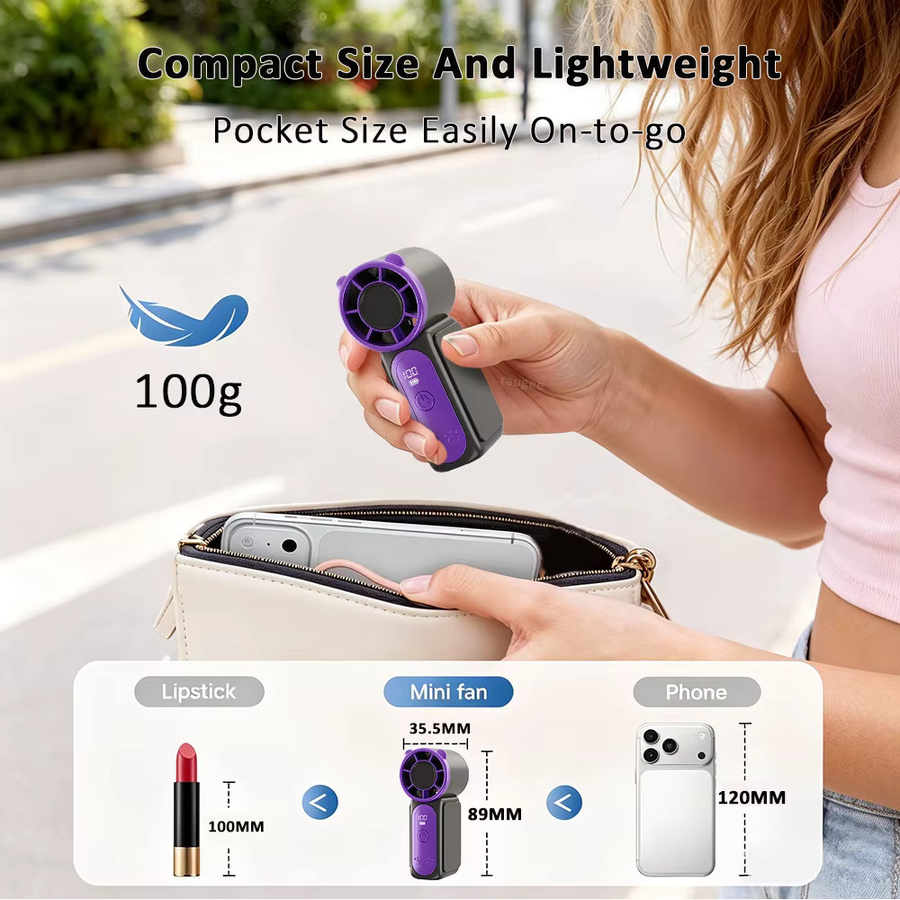 Tragbarer Mini-Handventilator von raugee mit Digitalanzeige, USB wiederaufladbar, 100 Gänge, Grau oder Lila - Bild 4