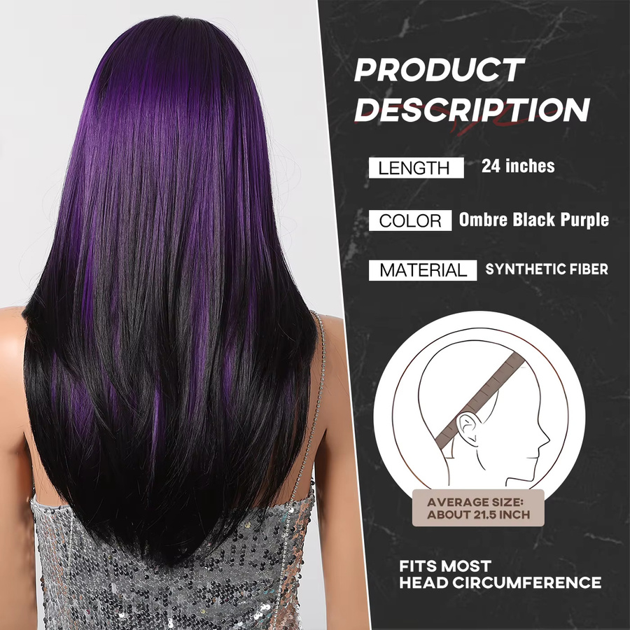 JONRENAU Perücke, Synthetisch, Lila Schwarz, Lang Gerade Layered mit Pony, Damen - Bild 4