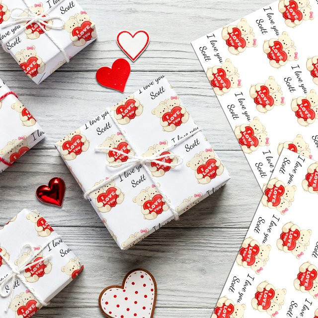Personalisierbares Geschenkpapier von joy-enlife mit süßem Bären und rotem Herzmuster für Valentinstag und Hochzeiten, 3 oder 6 Stück - Bild 1