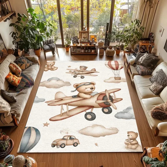 Rutschfester Kinderteppich mit Cartoon Bär Flugzeug und Heißluftballon Motiv in Braun und Multicolour - Bild 1