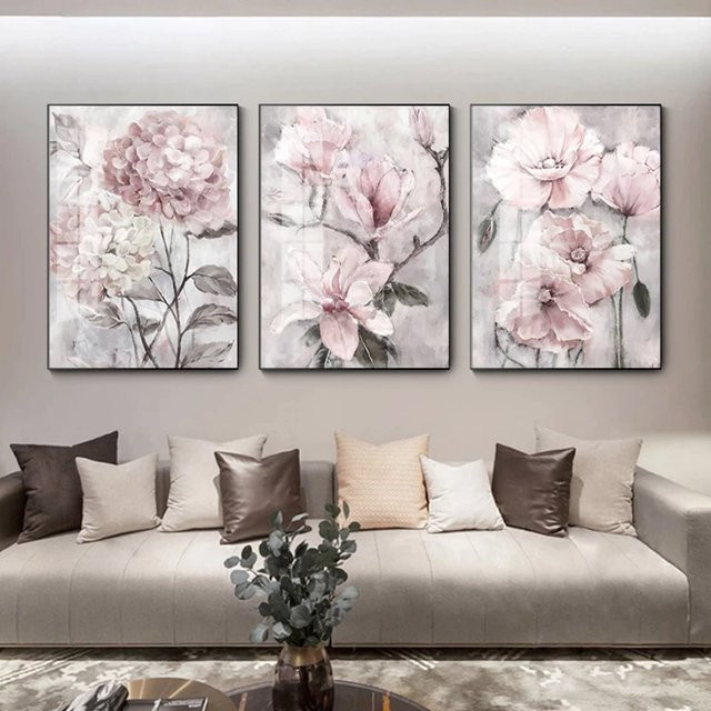 TPFLiving Luxus Poster Leinwand Blumen in Rosa 3er Set ohne Rahmen B: 30 cm, H: 42 cm - Bild 1