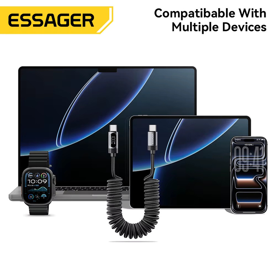Essager Typ-C-zu-Typ-C-Schnellladekabel mit LED-Display, PD 100W, spiralförmiges Datenkabel für Xiaomi und Samsung, Schwarz oder Grau - Bild 2