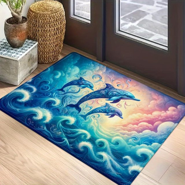 HYFBH Fußmatte Blauer Delfin, Rutschfeste und Saugfähige Badezimmer Matte aus Polyester, Waschbarer Teppich, B/T: 80 x 120 cm - Bild 1