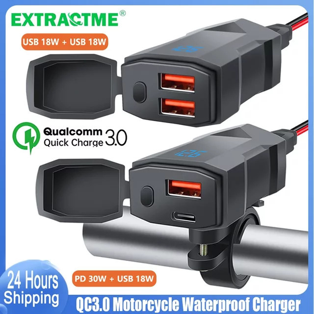 Extractme Motorrad USB Ladegerät mit QC3.0, Typ C und Voltmeter, Wasserdicht, Schwarz - Bild 1