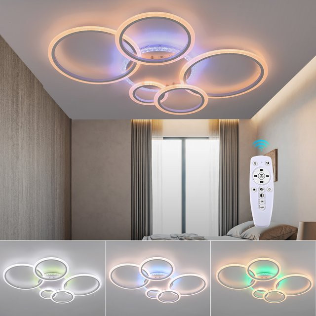 Oyajia 5-Ring Acryl LED-Deckenleuchte mit RGB-Hintergrundbeleuchtung, dimmbar mit Fernbedienung, Farbe: Weiß, 80W - Bild 1
