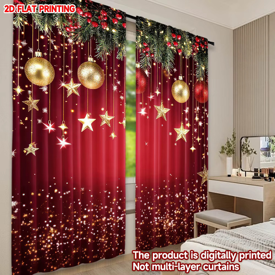 Set aus 2 Weihnachtsvorhängen mit goldenen Sternen, digital bedruckte Polyester-Vorhänge in Rot und Gold, halbtransparent mit Ösen - Bild 5