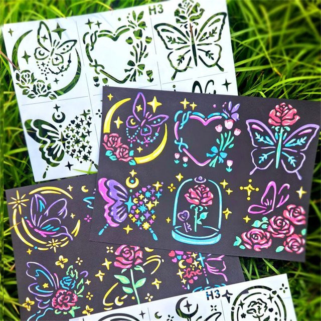 2 Stück Rosenblume Schmetterling Galaxie Hohlschablonen aus Kunststoff für Tagebuch, Planer und DIY-Projekte - Bild 1