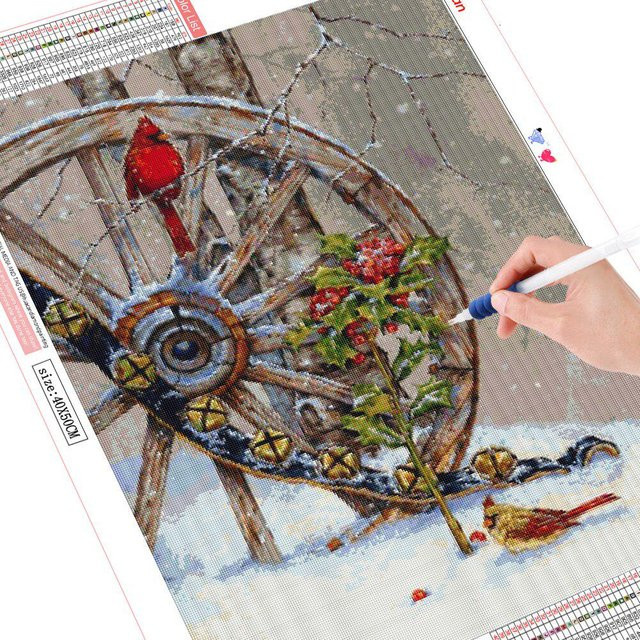 FIYO Diamant-Gemälde mit Vogel-Motiv im Winter-Design, Kreuzstich-Set mit runden Strass-Steinen, Farbe: Schwarz/Mehrfarbig, Breite: 30 cm, Höhe: 20 cm - Bild 1