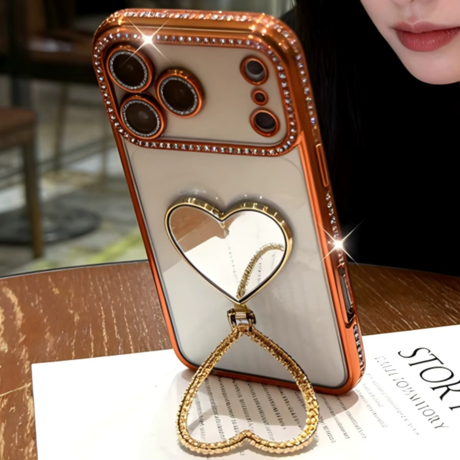 Luxuriöse iPhone Handyhülle mit Strass-Herz-Spiegel und integriertem Ständer in Pink für iPhone 11 bis iPhone 17 Pro Max mit Fallschutz-Rückabdeckung - Bild 3