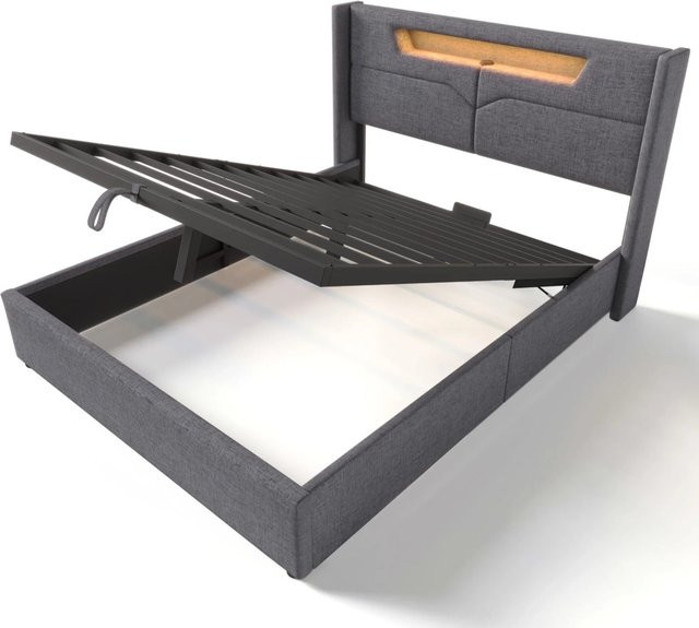 okwish Polsterbett Grau mit LED-Beleuchtung, USB-Anschluss und Stauraum, B/T/H: 140 x 200 x 148 cm - Bild 1