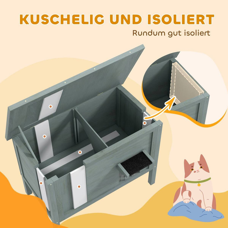 PawHut Katzenhaus aus Holz in Dunkelgrau, wetterfeste und isolierte Katzenhütte mit abnehmbarem Pultdach für Garten und Balkon, B/T/H: 50 x 85 x 68,5 cm - Bild 5