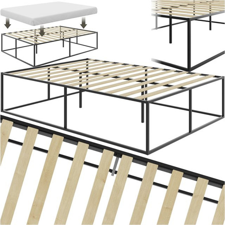tectake Bett Kyoto aus Metall mit Pappelholz-Lattenrost in Schwarz, H x B x T: 46,5 x 140 x 200 cm