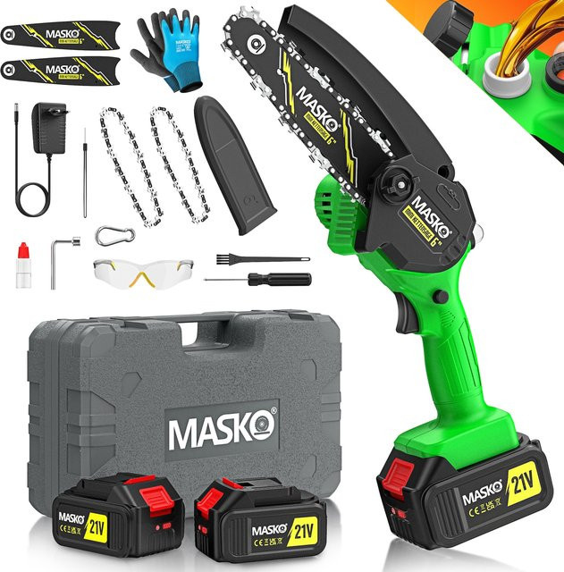 MASKO Mini-Kettensäge mit 800W Leistung, Akku-Handkettensäge mit automatischem Ölsystem und 2 Akkus à 4000mAh zum Schneiden von Holz und Ästen - Bild 1