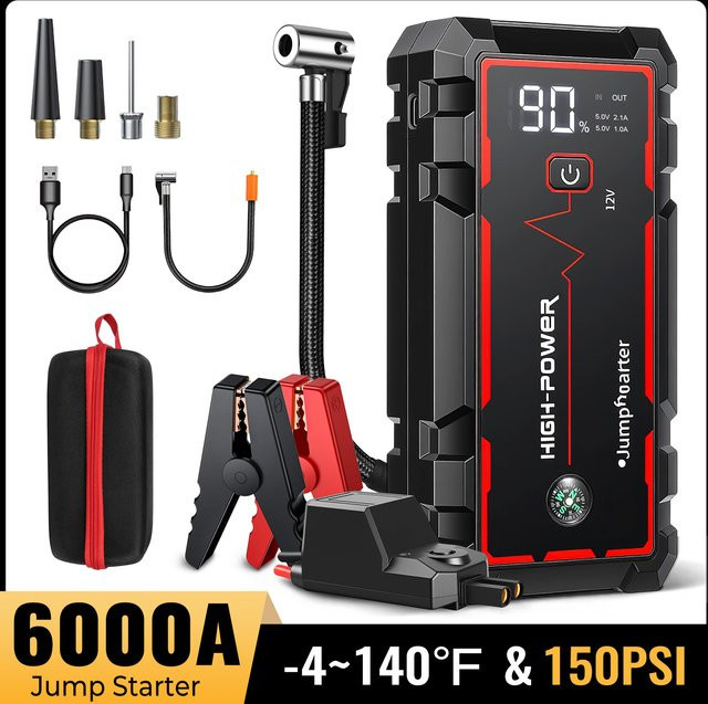 4-in-1 Auto-Starthilfe mit 6000A Spitzenstrom, Notfall-Batteriebooster, 150PSI Luftkompressor und USB-Schnellladung in Schwarz - Bild 1