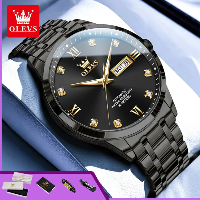 OLEVS Armbanduhr Automatik, Edelstahl, Gold, Diamant, Doppelkalender, Herren - Bild 1