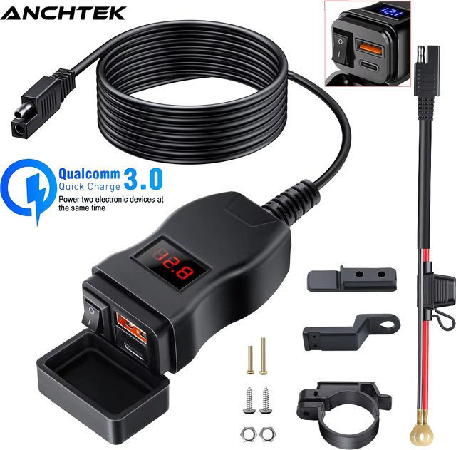 Anchtek Motorrad-USB-Ladegerät mit QC3.0 und PD-Anschlüssen, wasserdichtes Fahrzeug-Ladegerät mit Schalter in Schwarz und Rot - Bild 1