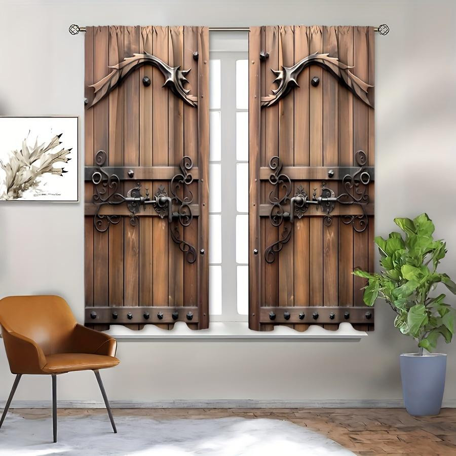 2er-Set dekorative Vorhänge mit Holzmuster von Household supplies MH, halbtransparent, braun, B: 135 cm, H: 185 cm - Bild 2