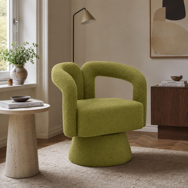 Drehbarer Polsterstuhl Gomyway in Olivgrün mit Bouclé-Stoff und modernem Tonnen-Design - Bild 1