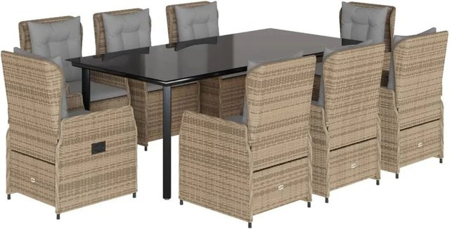 vidaXL 9-teilige Garten-Essgruppe aus Poly Rattan mit Kissen in Beige und Glastisch - Bild 1