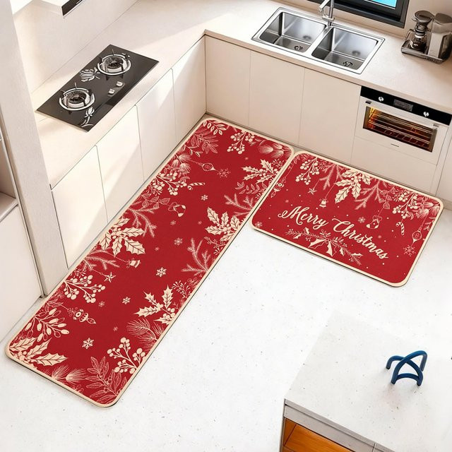 VIKAMA 2-teiliges Weihnachtsdekor Set mit Küchenteppich und Schiebe-Fußmatte in Rot im Bauernhaus-Stil für Küche und Schlafzimmer - Bild 1
