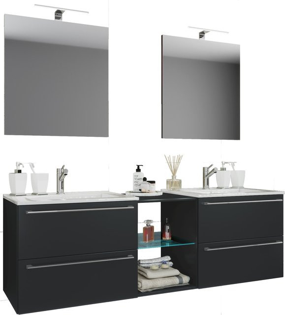 VCM Badmöbel Set Badinos XXL 3-tlg. Doppel-Waschtisch mit 2 Keramik-Waschbecken, 2 Spiegeln und Unterschrank mit Mittelfach, Breite: 195 cm - Bild 1