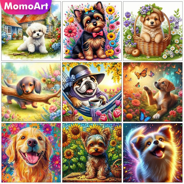 Momoart DIY Diamantmalerei Hund und Blumen als 5D Strass Mosaik Set in Mehrfarbig, Rund - Bild 1
