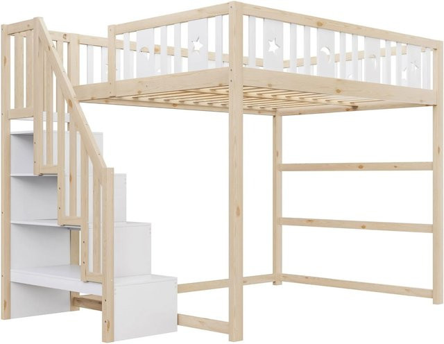 Merax Hochbett für Kinder aus Massivholz und MDF mit Treppe und Seitenfächern, Farbe Weiß, B/T/H: 200 x 140 x 171 cm - Bild 1
