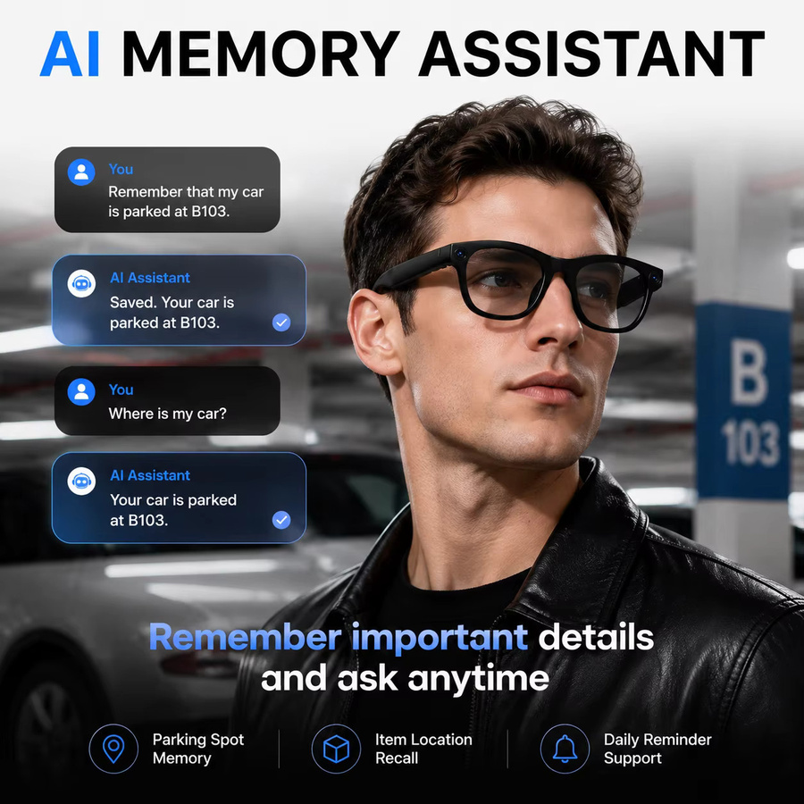 GUHUAVMI KI-Smart-Brille mit 1300W Pixel-Kamera, 32GB Speicher und Echtzeit-Übersetzung, Schwarz/Transparent - Bild 5