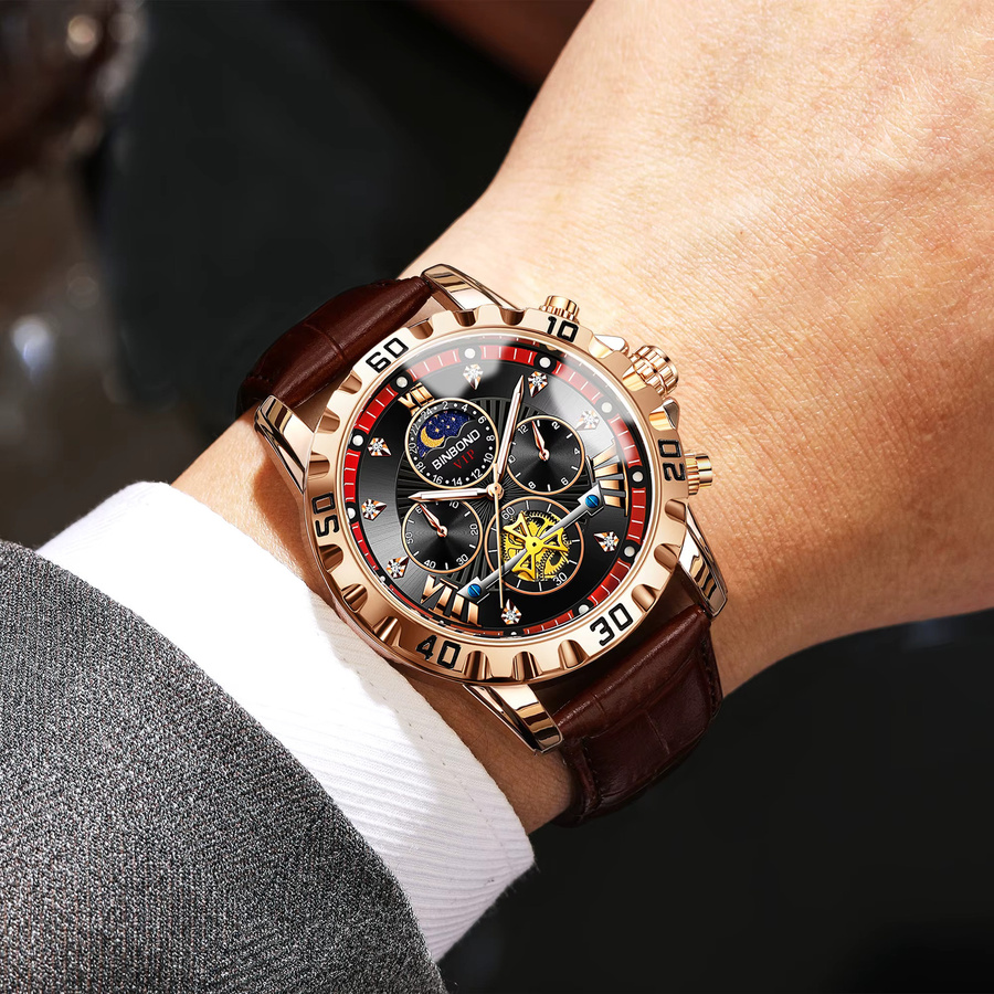 BINBOND Chronograph Armbanduhr, Quarz, Leder, Schwarz, Gold, Herren - Bild 3
