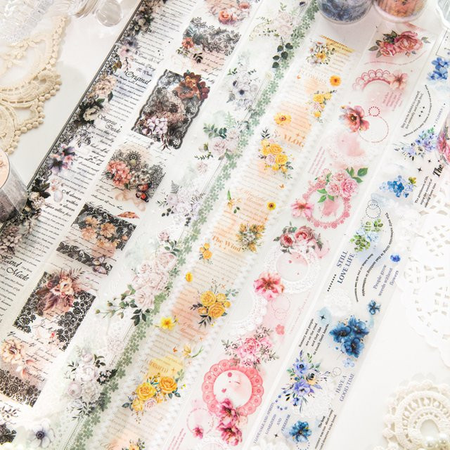 Mr.Paper Lace Waltz Series Washi-Tape Set aus 4 Rollen Mattes PET-Klebeband mit Vintage-Blumen- und Text-Dekor in Multicolour für Journaling und Scrapbooking - Bild 1