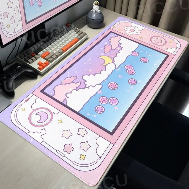 Riccu Schreibtischunterlage XXL Mond und Sterne in Rosa, Kawaii Ästhetik Mauspad für PC und Gaming - Bild 1