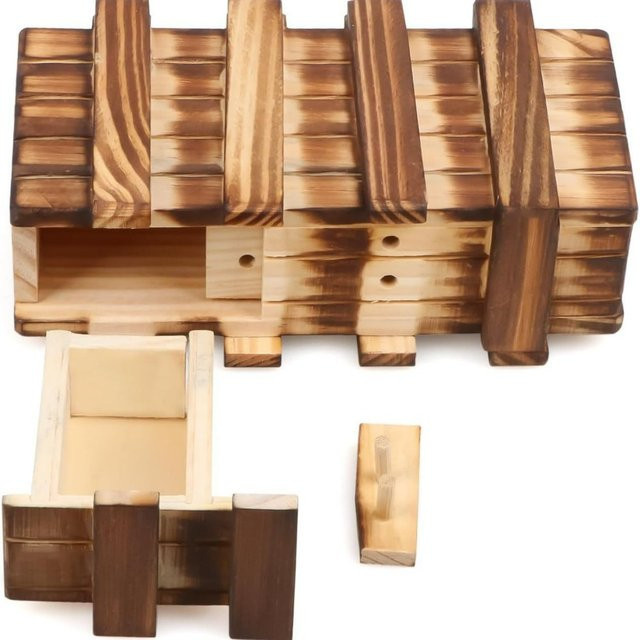 Versteckte Geld-Holzkiste in Braun als tragbare Puzzle-Box mit Trickschloss zur geheimen Aufbewahrung von Schlüsseln, Medizin und Werten - Bild 1