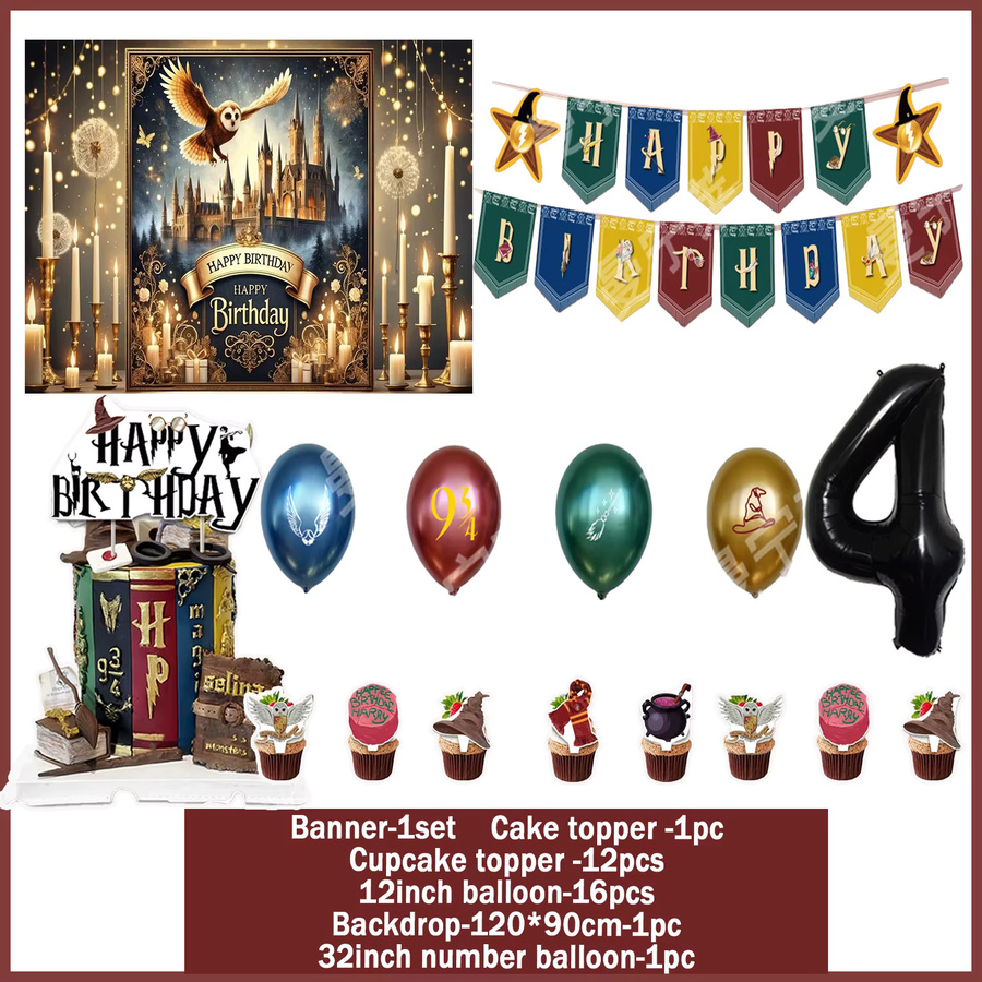 Cartoon Magic Academy Geburtstagsparty-Dekorationsset mit Banner, Ballons und Cupcake-Toppern in Mehrfarbig - Bild 3