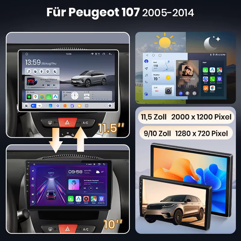 Junsun Android 15 Autoradio mit 10 Zoll IPS Bildschirm für Peugeot 107, Toyota Aygo und Citroen C1 (2005 - 2014), Kabelloses Apple CarPlay & Android Auto Multimedia System, Schwarz - Bild 2