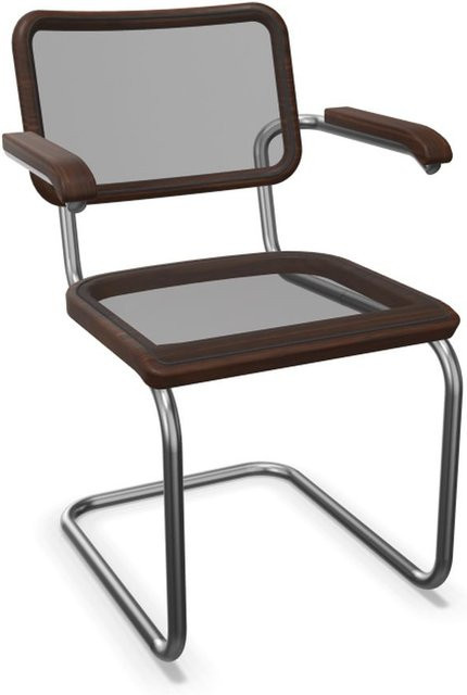 Thonet S 64 N Freischwinger mit Armlehnen aus Nussbaum und braunem Kunststoff-Netzgewebe - Bild 1