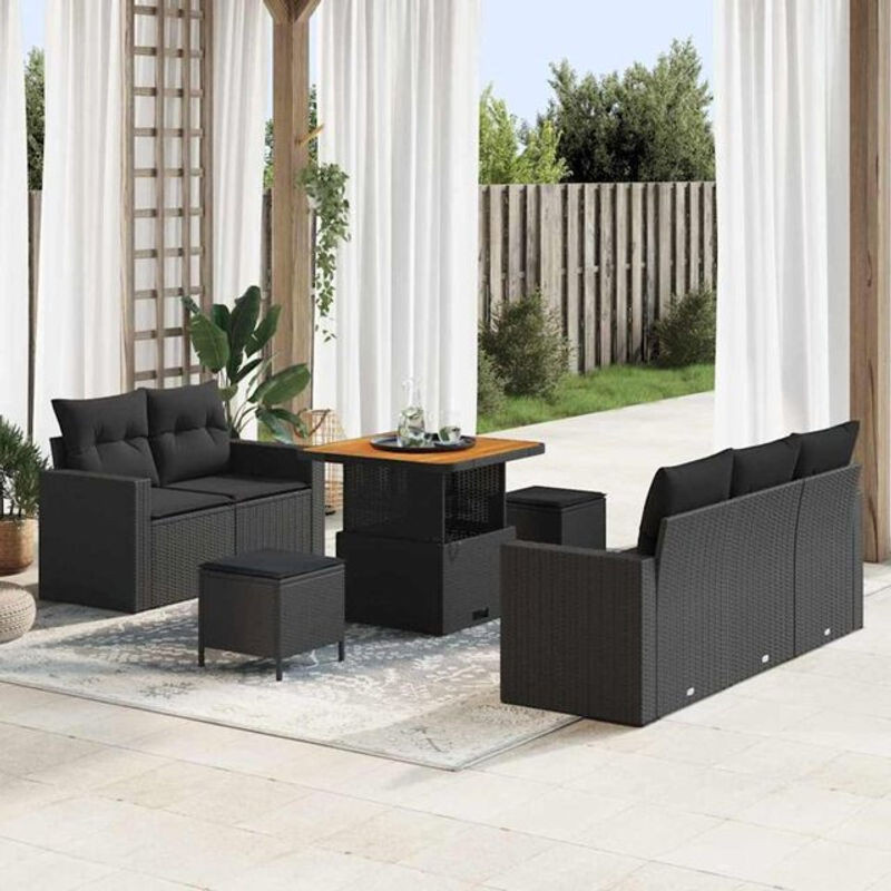 Vidaxl Garten-Sofa-Set aus Polyrattan und Stahl in Schwarz, 8-teiliges modulares Loungemöbel-Set mit Kissen und Fußhocker, B/T/H: 80 x 80 x 71 cm - Bild 1