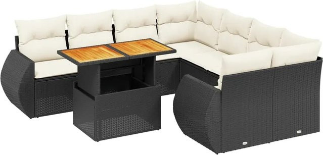 vidaXL 9-teilige Garten-Sofagarnitur in L-Form aus schwarzem Poly-Rattan mit Kissen und Akazienholz - Bild 1