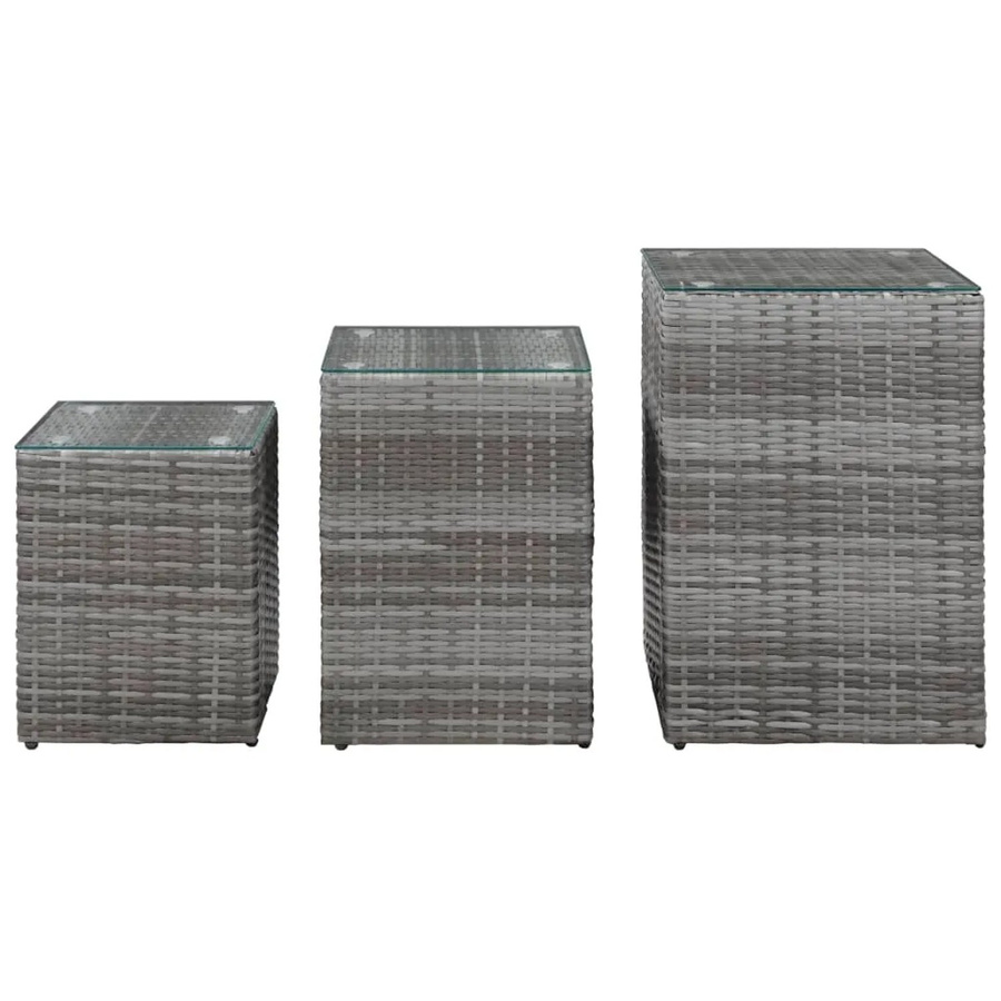 Set aus 3 vidaXL Beistelltischen mit Glasplatte aus grauem Poly Rattan - Bild 2