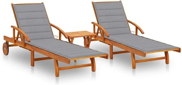 vidaXL Sonnenliegen Set aus 2 Stück mit Tisch und grauen Auflagen aus Akazien-Massivholz - Bild 1