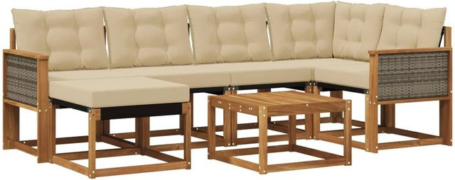 vidaXL Outdoor-Sofagarnitur aus massivem Akazienholz mit Textilene und Kissen in Natur-Beige, 7-teilig - Bild 1