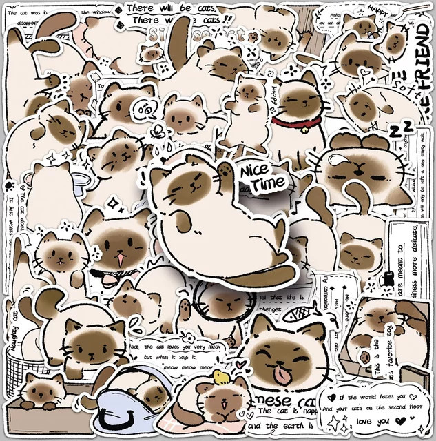 50 Stück GOGOTU Kawaii Siamesische Katze Anime Aufkleber, Wasserdichte Cartoon Sticker für Laptop, Skateboard und Gepäck, Mehrfarbig - Bild 1