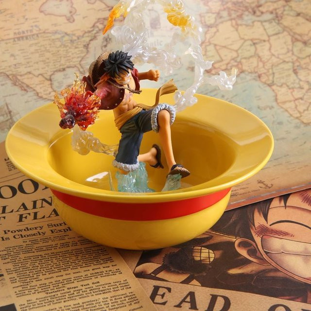 Bandai One Piece Luffy Strohhut Keramik-Ramen-Schüssel mit Stäbchen-Set in Gelb - Bild 1