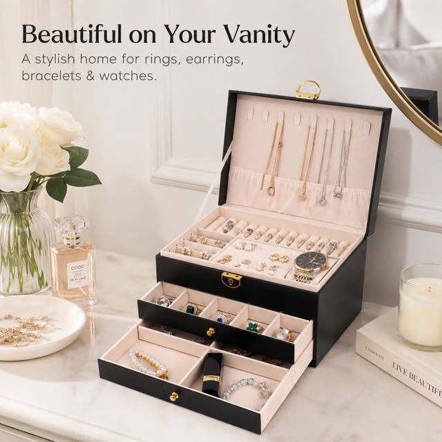 Elegante 3-stöckige Schmuckaufbewahrungsbox aus Holz mit Schloss und Schubladen als Kosmetik-Organizer in Pink oder Schwarz - Bild 1