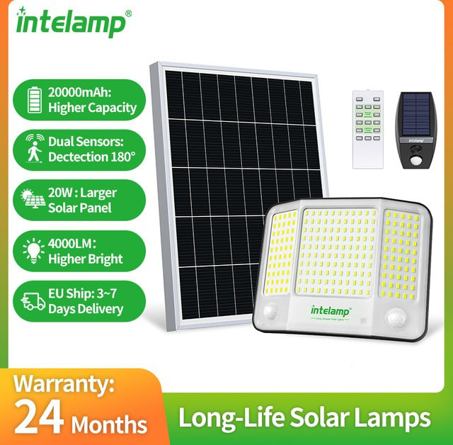 intelamp Solar-Flutlicht für den Außenbereich mit 4000 lm, 20000 mAh Akku und großem Solarpanel, Schwarz - Bild 1