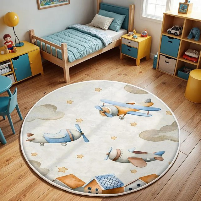 Karpetti Kinderteppich mit Flugzeug und Heißluftballon Motiv, rund, mehrfarbig, Durchmesser: 120 cm - Bild 1